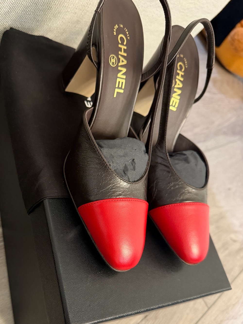 CHANEL COCO 90MM SLINGBACK Brown Leather with Red Cap Toe - Picture 9 of 9